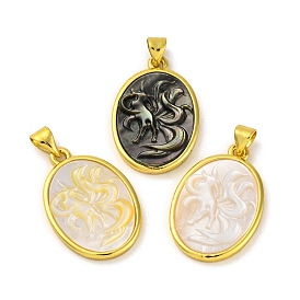 Natural Shell Carved Nine Tailed Fox Pendants, Rack Plating Brass Oval Charms, Golden