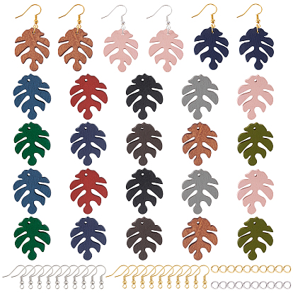 DIY Wooden Dangle Earring Making Kits, 100Pcs Leaf Wooden Pendants, Brass Earring Hooks and Iron Jump Rings
