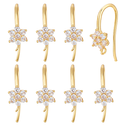 12шт. латунные микрофибровые серьги-крючки с паве из кубического циркония, провод уха, без никеля , цветок, с горизонтальной петлей, прозрачные