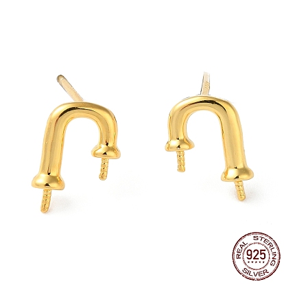 Rhodium Plated 925 Sterling Silver Stud Earring Findings, Arch, for Half Drilled Beads, with S925 Stamp