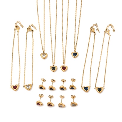 Сердце 304 ожерелья, браслеты и серьги-гвоздики из нержавеющей стали с микропаве из кубического циркония для женщин, ионное покрытие (ip)