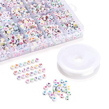 DIY Jewelry Making Kits, Including White Flat Round Acrylic Beads Colorful Letter, Elastic Crystal Thread