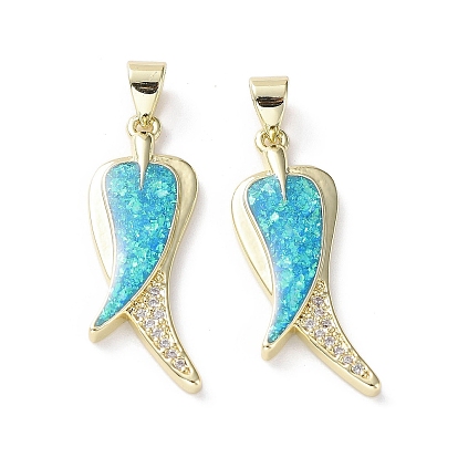 Rack Plating Brass Micro Pave Cubic Zirconia Pendants, Synthetic Opal Fishtail Charms with Snap on Bail, Cadmium Free & Lead Free, Long-Lasting Plated, Real 18K Gold Plated
