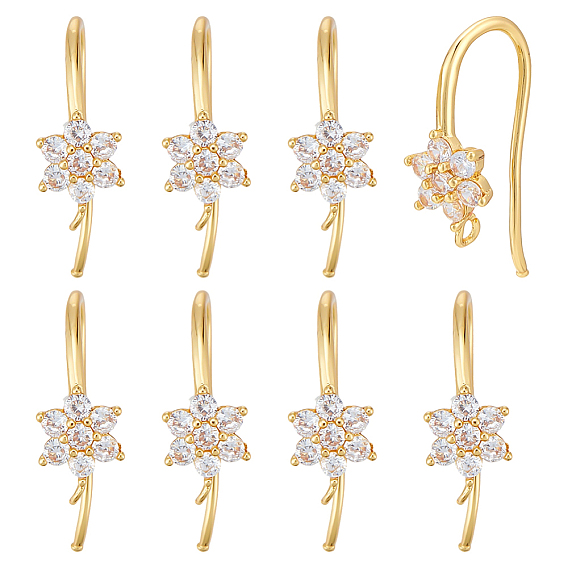 12шт. латунные микрофибровые серьги-крючки с паве из кубического циркония, провод уха, без никеля , цветок, с горизонтальной петлей, прозрачные