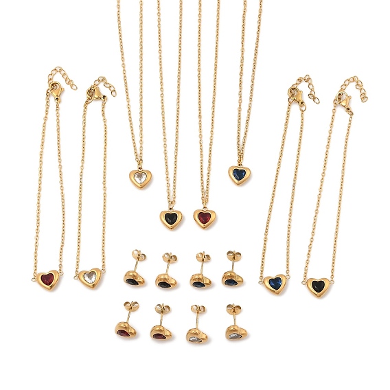 Сердце 304 ожерелья, браслеты и серьги-гвоздики из нержавеющей стали с микропаве из кубического циркония для женщин, ионное покрытие (ip)