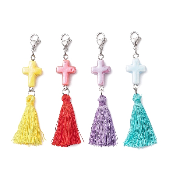 4 шт. полиэстеровые кисточки и фарфоровые крестики ручной работы, с 304 из нержавеющей стали Lobster Claw застежками