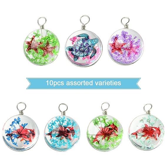 10 шт. Прозрачные стеклянные подвески, полукруглый, с сухих цветов внутри