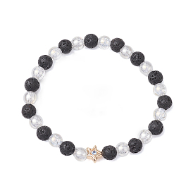 6mm Round Electroplated Synthetic Crackle Quartz & Natural Lava Rock Beaded Stretch Bracelets, Brass Star Bracelets for Women