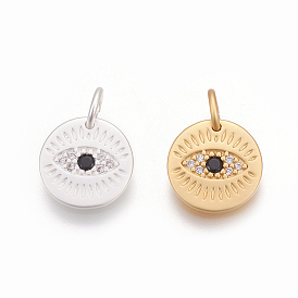 Brass Micro Pave Cubic Zirconia Charms, Lead Free & Cadmium Free, Flat Round with Eye