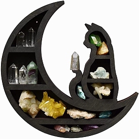 Estante de madera para cristales, estante de pared flotante de brujería, ohm/aum y loto y calavera y murciélago y ataúd y luna