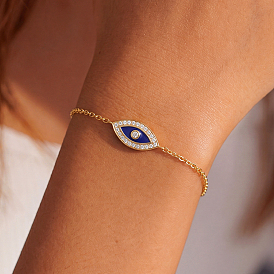 925 Pulseras de eslabones de plata de ley con esmalte azul ojo de caballo para mujeres y hombres, con un claro zirconia cúbico