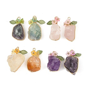 Colgantes de piedra natural en bruto, envueltos en alambre de cobre., dijes de pepitas con flor acrílica, dorado