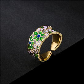 Fashionable Copper Micro Inlaid Flower Ring with Unique Oil Drop Design