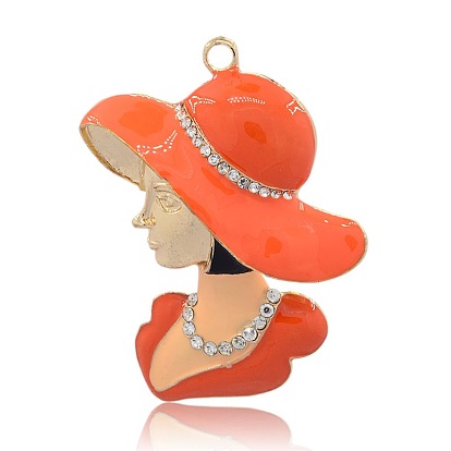 Golden Tone Alloy Rhinestone Enamel Human Pendants, Woman with Hat, 66x53x11mm, Hole: 4mm