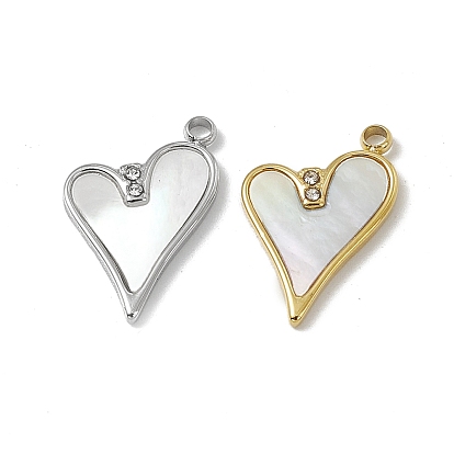 Shell Pendants, Heart Charms, with 201 Stainless Steel Findings and Crystal Rhinestone