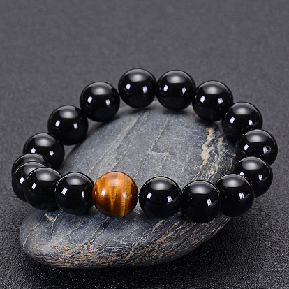 Natural Black Agate Bracelet with Tiger Eye Stone Beads for Men and Women, AAA Quality (8/10/12mm)