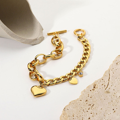 Gold Plated Stainless Steel Heart Pendant Elliptical Chain Bracelet with CZ Stones