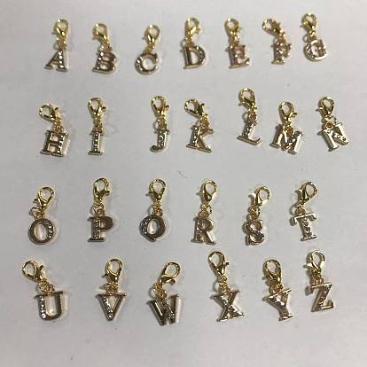 26 pcs colgante de aleación de diamantes de imitación doecarotions, letra a Z ~, con broches de langosta de la aleación de la garra