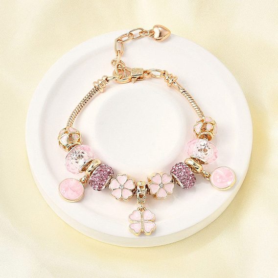 Сплав эмаль европейские бусины браслеты с подвесками, браслеты из змеиной цепи для женщин, цветок и плоский круг, со смолой и полимерной глины горный хрусталь, без свинца и без кадмия