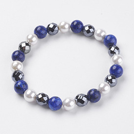 Synthetic Hematite Beads Stretch Bracelets, with Gemstone and Shell Beads