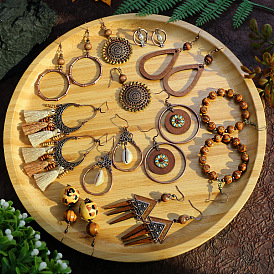 Boho Tassel Earrings Handmade Geometric Hollow Wooden Ear Jewelry