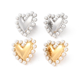 304 Stainless Steel Stud Earring, with Plastic Imitation Pearl Bead, Heart