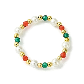 Christmas Theme Glass Rings, with Round Shell Pearl Beads and Brass Beads