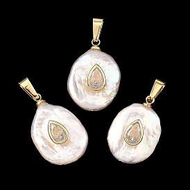 Natural Nucleated Baroque Keshi Pearl Pendants, Oval Charms with Brass Micro Pave Cubic Zirconia Findings, Golden