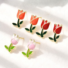 Серьги-гвоздики с цветком из латуни и эмали, стойки покрытие, долговечный, без кадмия и без свинца, реальный 18 k позолоченный
