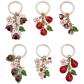 6 шт. эмалевые брелки из сплава божьей коровки, с железными кольцами