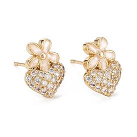 Heart & Flower Sparkling Cubic Zirconia Hoop Earrings for Girl Women, Lead Free & Nickel Free & Cadmium Free, Real 18K Gold Plated Brass Enamel Earrings