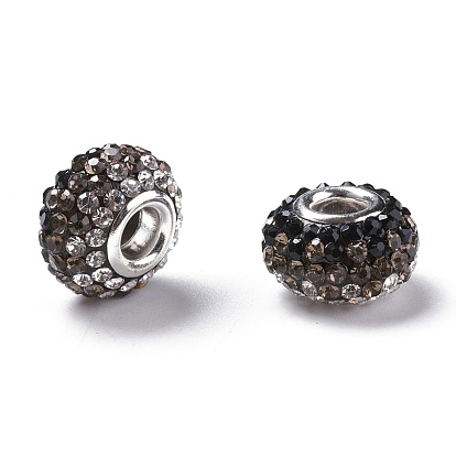 Resin Rhinestone European Beads, Grade A, with Silver Plated Brass Double Cores, Rondelle, 15x10mm, Hole: 5mm