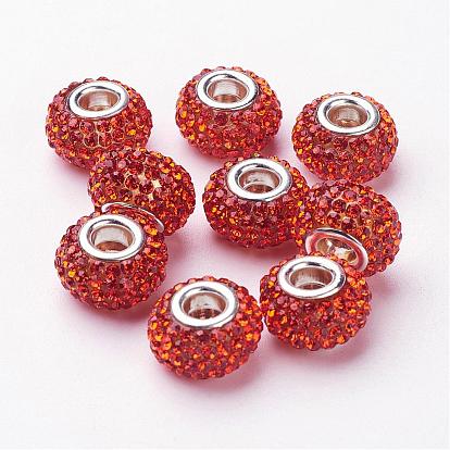 Resin European Rhinestone Beads, Grade A, with Silver Plated Brass Double Cores, Rondelle, 15x10mm, Hole: 5mm