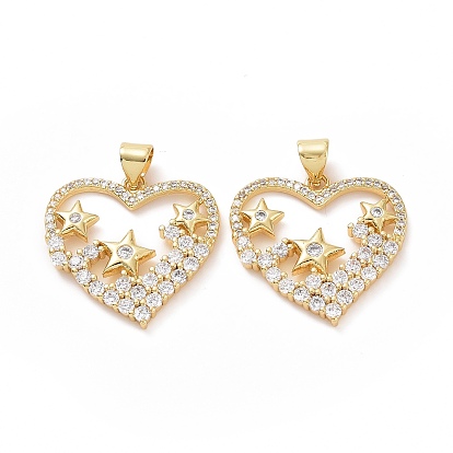 Brass Cubic Zirconia Pendants, Cadmium Free & Lead Free, Heart with Star Charm