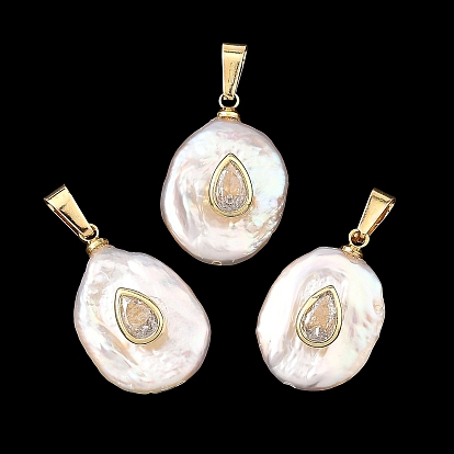 Natural Nucleated Baroque Keshi Pearl Pendants, Oval Charms with Brass Micro Pave Cubic Zirconia Findings, Golden