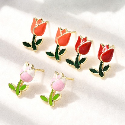 Серьги-гвоздики с цветком из латуни и эмали, стойки покрытие, долговечный, без кадмия и без свинца, реальный 18 k позолоченный