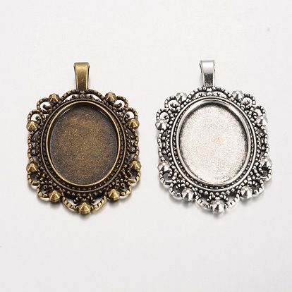 Oval Tibetan Style Alloy Pendant Cabochon Settings, Cadmium Free & Lead Free, Tray: 25x18mm, 46.5x30x2mm, Hole: 7x4mm, about 151pcs/1000g