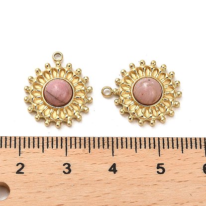 304 Stainless Steel Pave Natural Rhodonite Pendants, Sun Charms, Real 14K Gold Plated