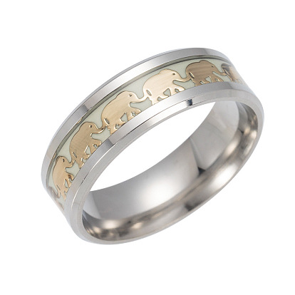 201 Stainless Steel Wide Band Finger Rings, Luminous, Elephant