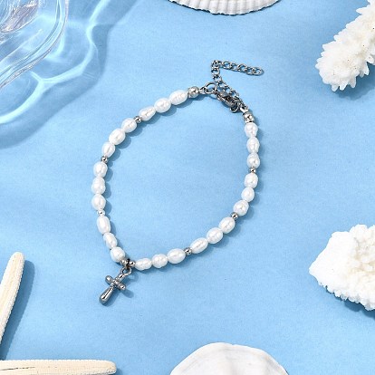 304 из нержавеющей стали крест шарм браслеты, Браслеты из натурального культивированного пресноводного жемчуга для женщин