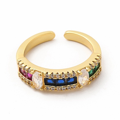 Cubic Zirconia Rectangle Open Cuff Ring, Golden Brass Jewelry for Women
