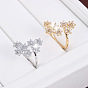 Brass Micro Pave Cubic Zirconia Cuff Open Rings for Women, Flower