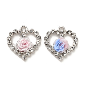 Platinum Alloy Glass Pendants, with Resin, Heart with Flower