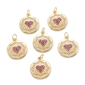 Brass Micro Pave Cubic Zirconia Pendant, Long-Lasting Plated, Flat Round with Heart