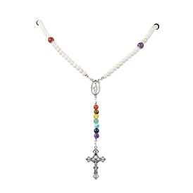 Round Gemstone Beaded Necklaces, Cross Alloy Pendant Necklaces for Women