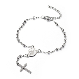 304 Stainless Steel Charm Bracelets, with Lobster Claw Clasps, Cross and Oval with Virgin Mary