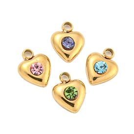 304 Stainless Steel Pendants, with Rhinestone, Heart Charms, Real 14K Gold Plated