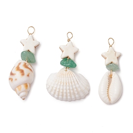 3Pcs 3 Styles Dyed Synthetic Turquoise Star & Natural Green Aventurine Chip & Natural Shell Pendants, with Copper Wire Loops