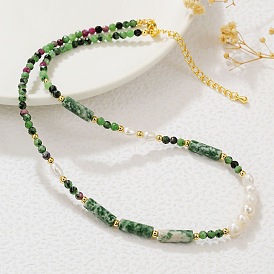 Faceted Round Natural Ruby in Zoisite & Column Green Spot Jasper & Freshwater Pearl Beaded Necklaces for Women