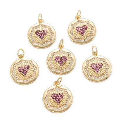 Brass Micro Pave Cubic Zirconia Pendant, Long-Lasting Plated, Flat Round with Heart